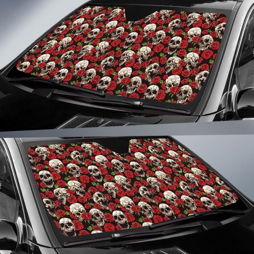 Skull Roses Design Themed Print Car Sun Shade For Windshield