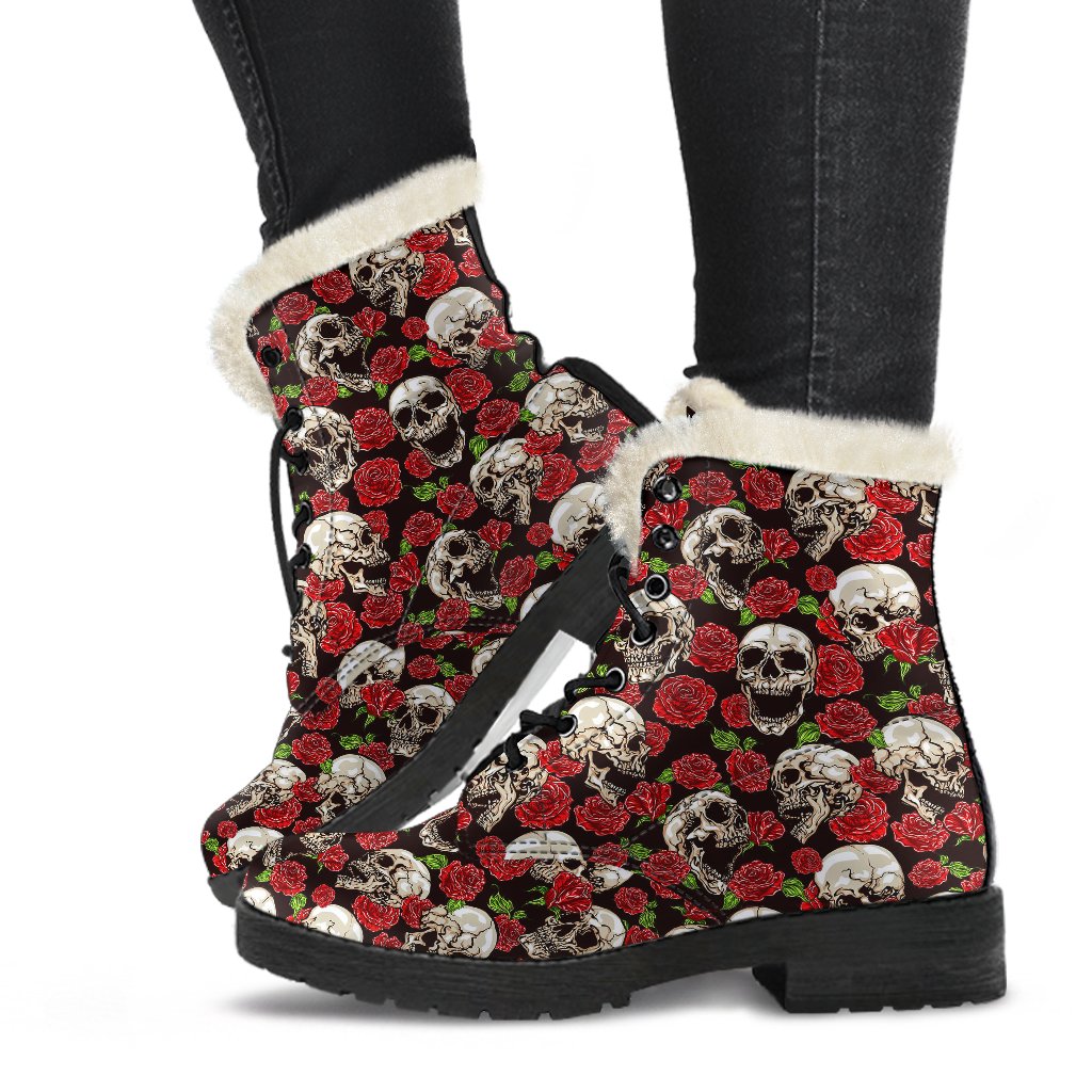 Skull Roses Design Themed Print Faux Fur Leather Boots-JTAMIGO.COM