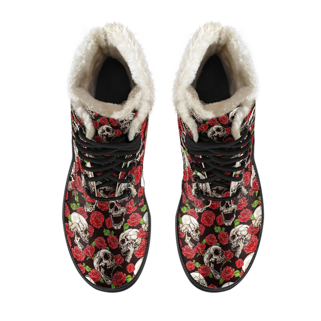 Skull Roses Design Themed Print Faux Fur Leather Boots-JTAMIGO.COM