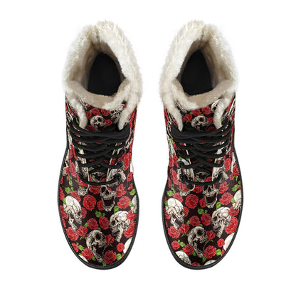 Skull Roses Design Themed Print Faux Fur Leather Boots-JTAMIGO.COM