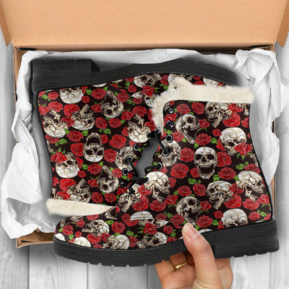 Skull Roses Design Themed Print Faux Fur Leather Boots-JTAMIGO.COM