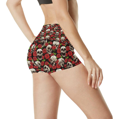 Skull Roses Design Themed Print High Waisted Spandex Shorts-JTAMIGO.COM