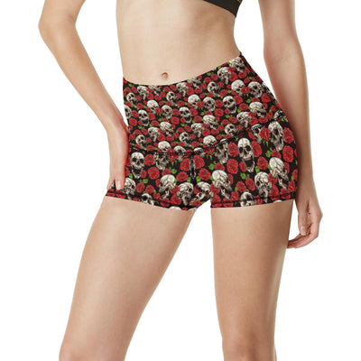 Skull Roses Design Themed Print High Waisted Spandex Shorts-JTAMIGO.COM