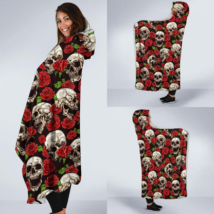 Skull Roses Design Themed Print Hooded Blanket-JTAMIGO.COM