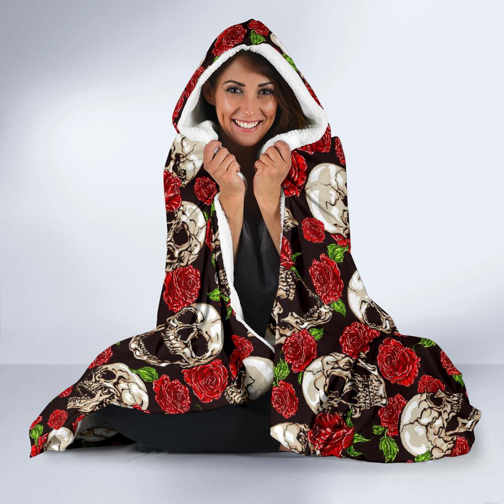 Skull Roses Design Themed Print Hooded Blanket-JTAMIGO.COM