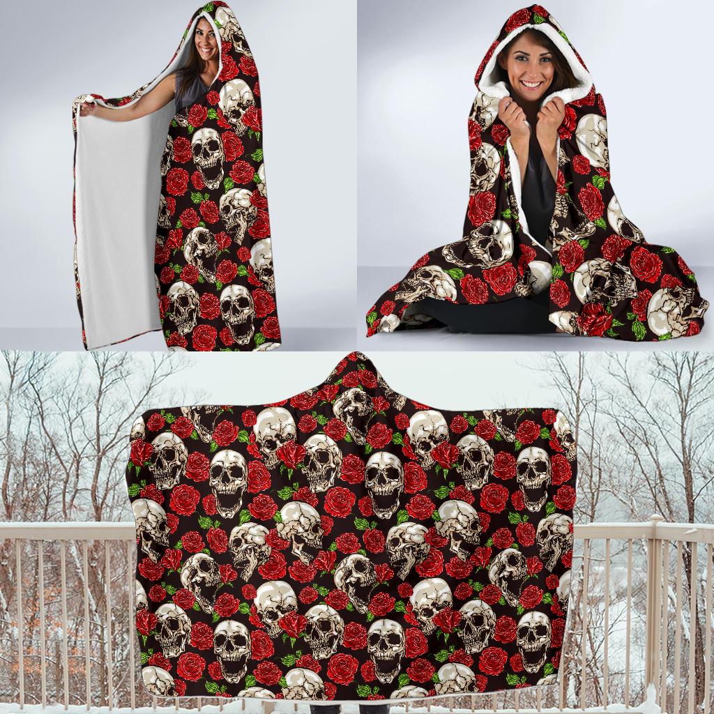 Skull Roses Design Themed Print Hooded Blanket-JTAMIGO.COM