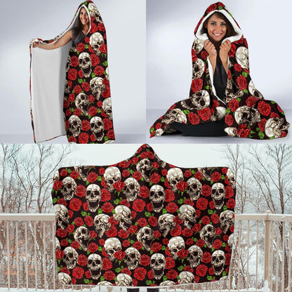 Skull Roses Design Themed Print Hooded Blanket-JTAMIGO.COM