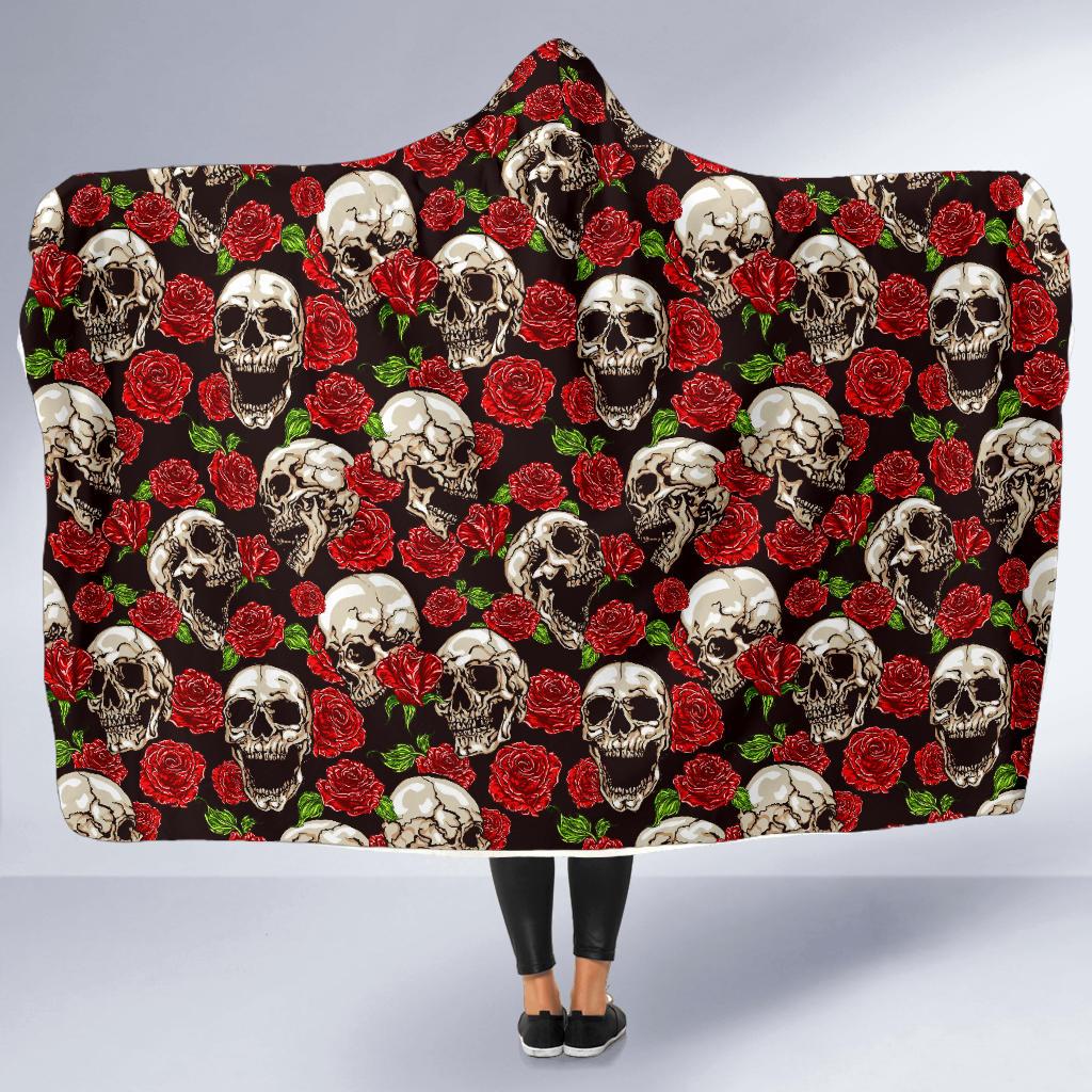 Skull Roses Design Themed Print Hooded Blanket-JTAMIGO.COM