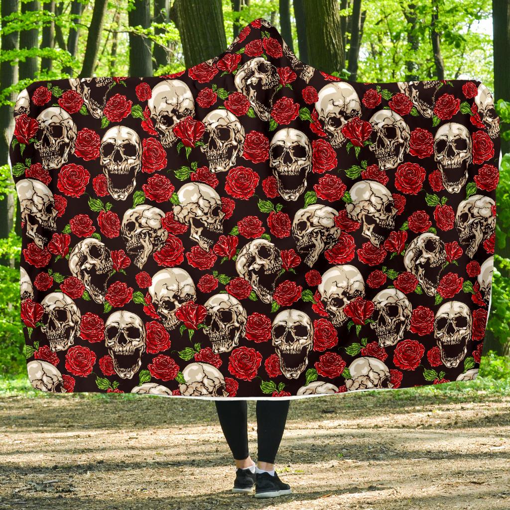 Skull Roses Design Themed Print Hooded Blanket-JTAMIGO.COM
