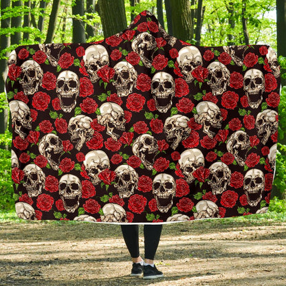 Skull Roses Design Themed Print Hooded Blanket-JTAMIGO.COM