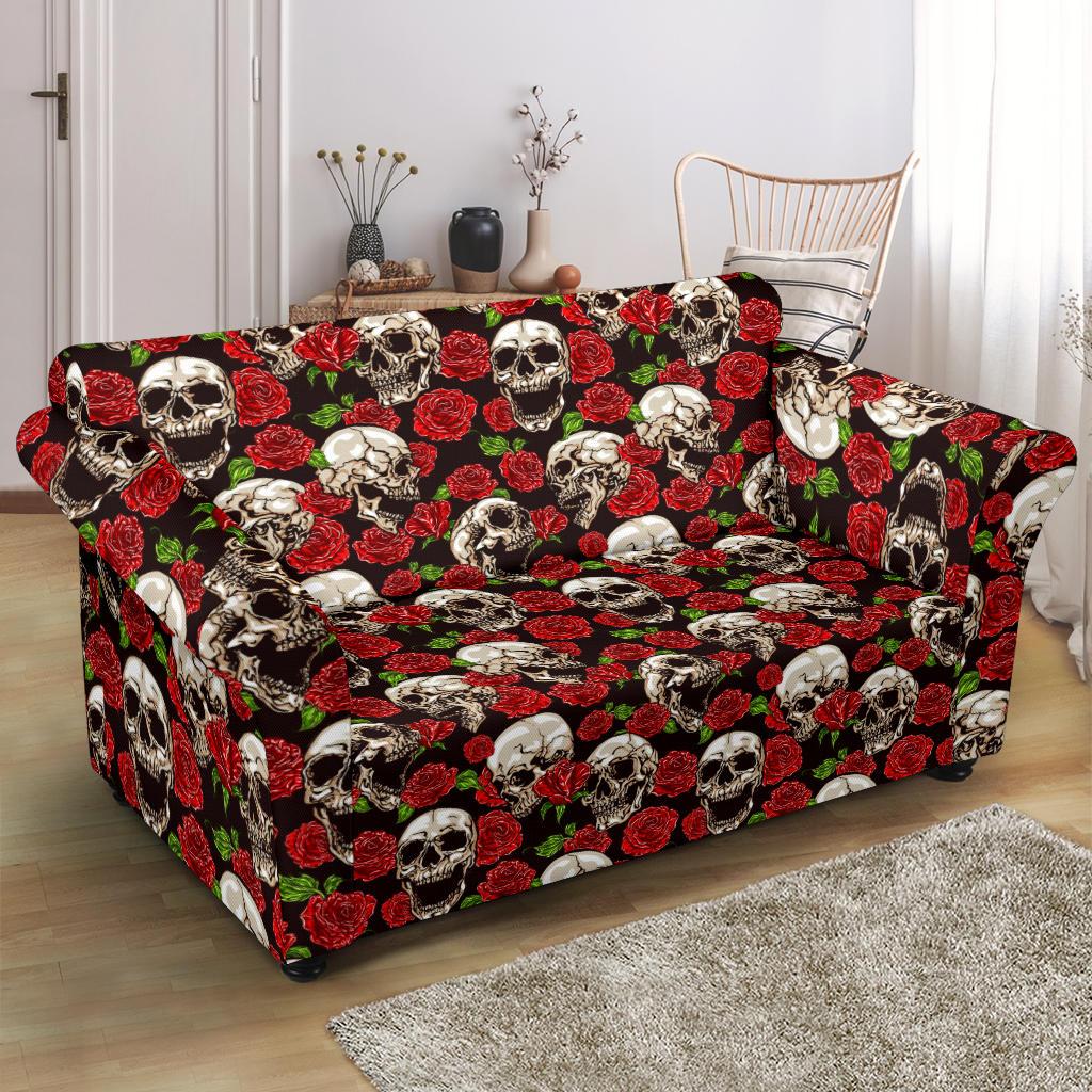 Skull Roses Design Themed Print Loveseat Slipcover-JTAMIGO.COM