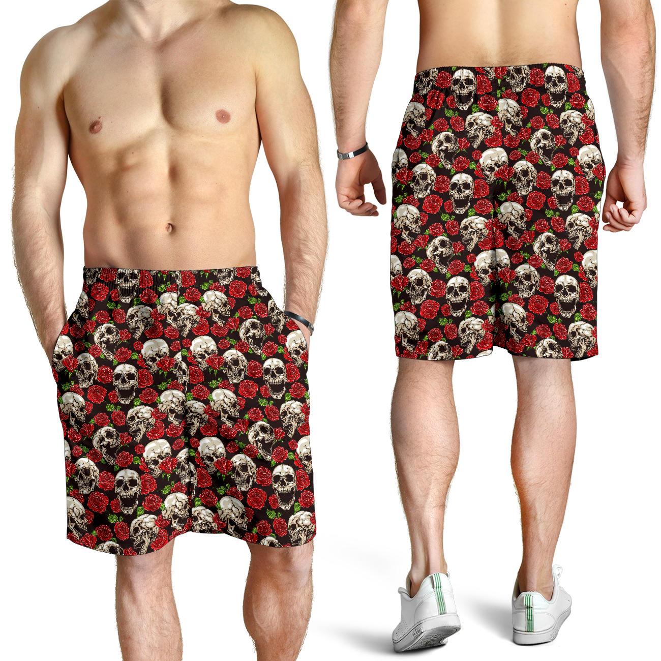 Skull Roses Design Themed Print Mens Shorts-JTAMIGO.COM