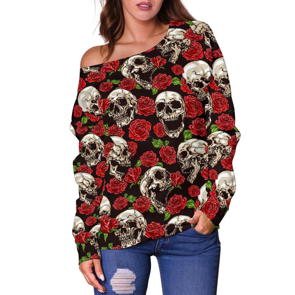 Skull Roses Design Themed Print Off Shoulder Sweatshirt