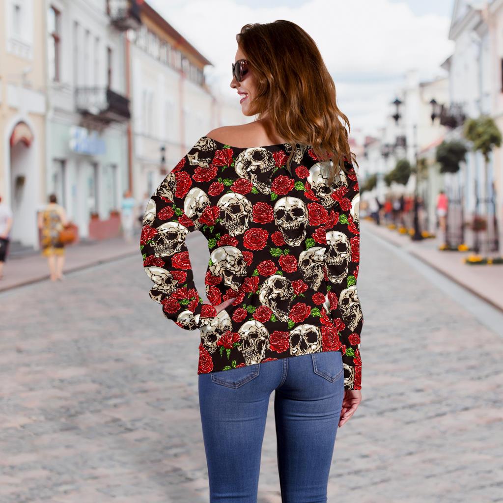 Skull Roses Design Themed Print Off Shoulder Sweatshirt