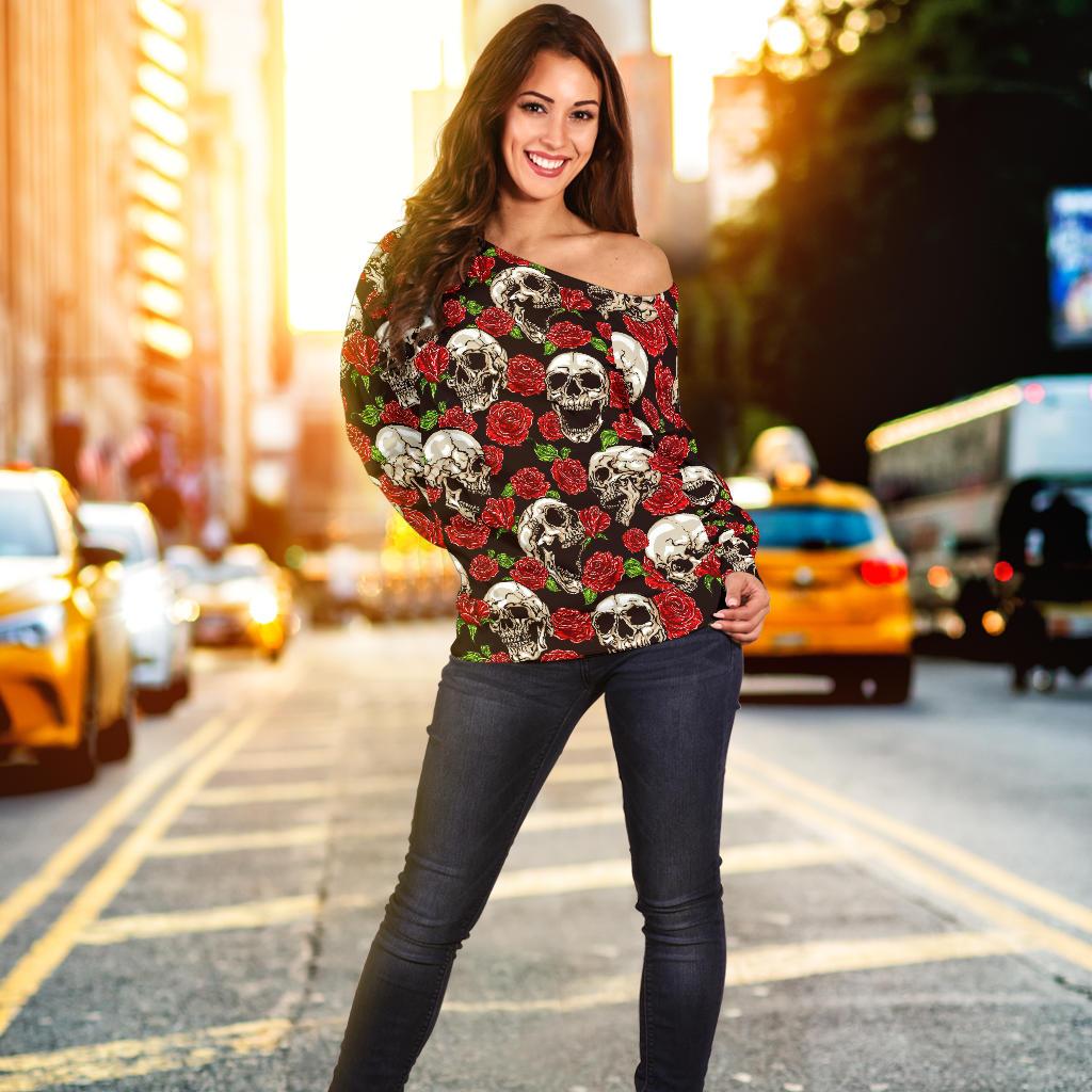 Skull Roses Design Themed Print Off Shoulder Sweatshirt