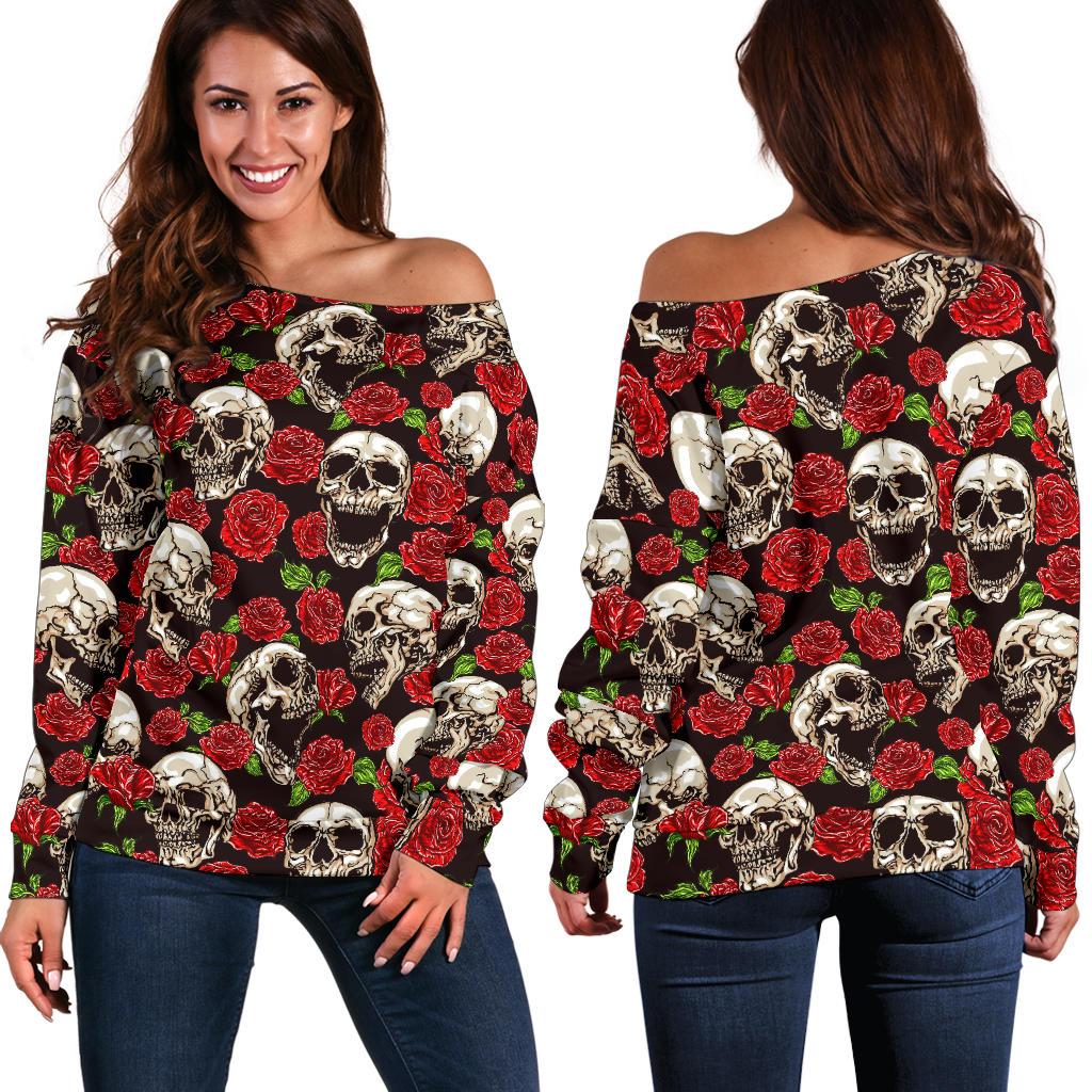 Skull Roses Design Themed Print Off Shoulder Sweatshirt
