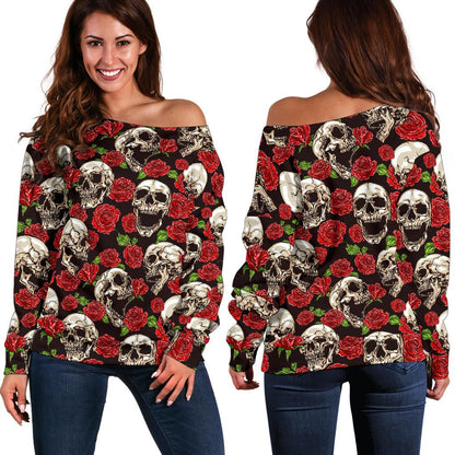 Skull Roses Design Themed Print Off Shoulder Sweatshirt