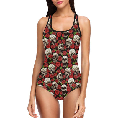Skull Roses Design Themed Print One Piece Swimsuit-JTAMIGO.COM