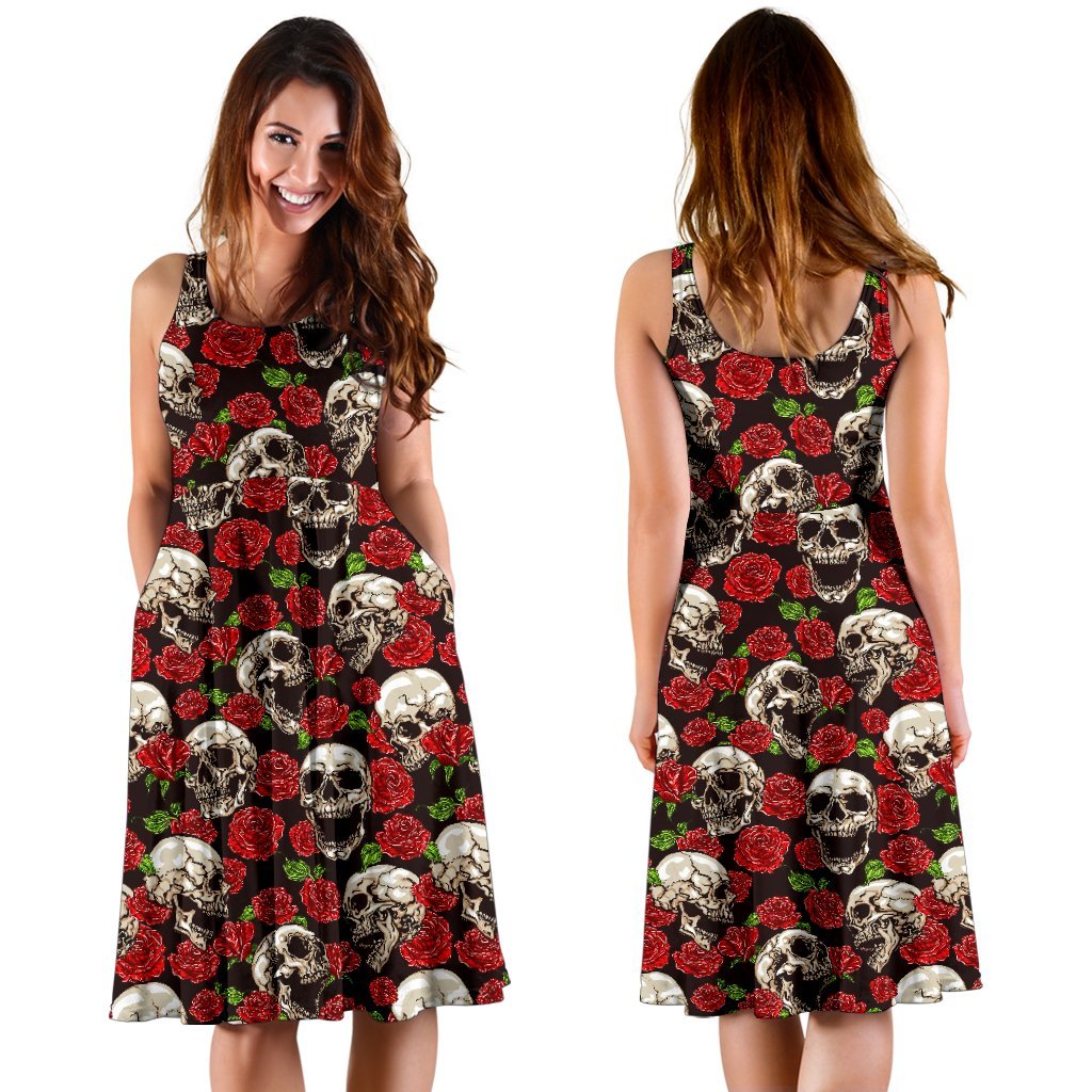 Skull Roses Design Themed Print Sleeveless Dress
