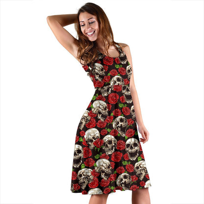 Skull Roses Design Themed Print Sleeveless Dress