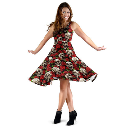 Skull Roses Design Themed Print Sleeveless Dress