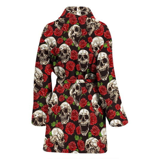 Skull Roses Design Themed Print Women Bath Robe-JTAMIGO.COM