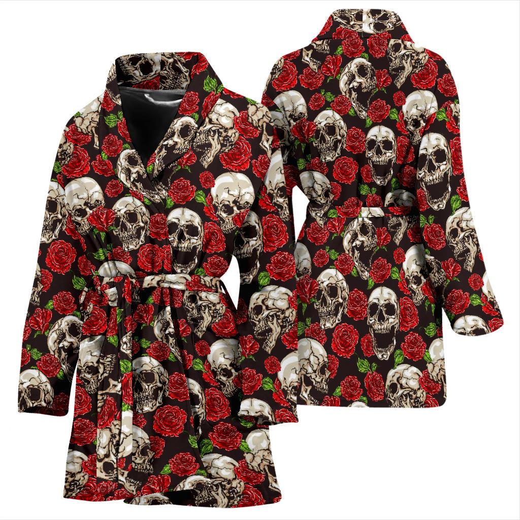 Skull Roses Design Themed Print Women Bath Robe-JTAMIGO.COM