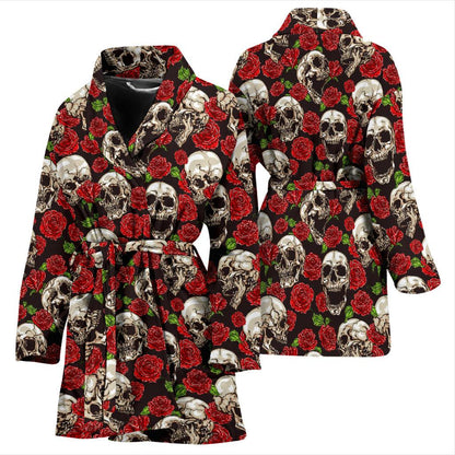 Skull Roses Design Themed Print Women Bath Robe-JTAMIGO.COM