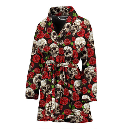 Skull Roses Design Themed Print Women Bath Robe-JTAMIGO.COM