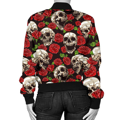 Skull Roses Design Themed Print Women Casual Bomber Jacket