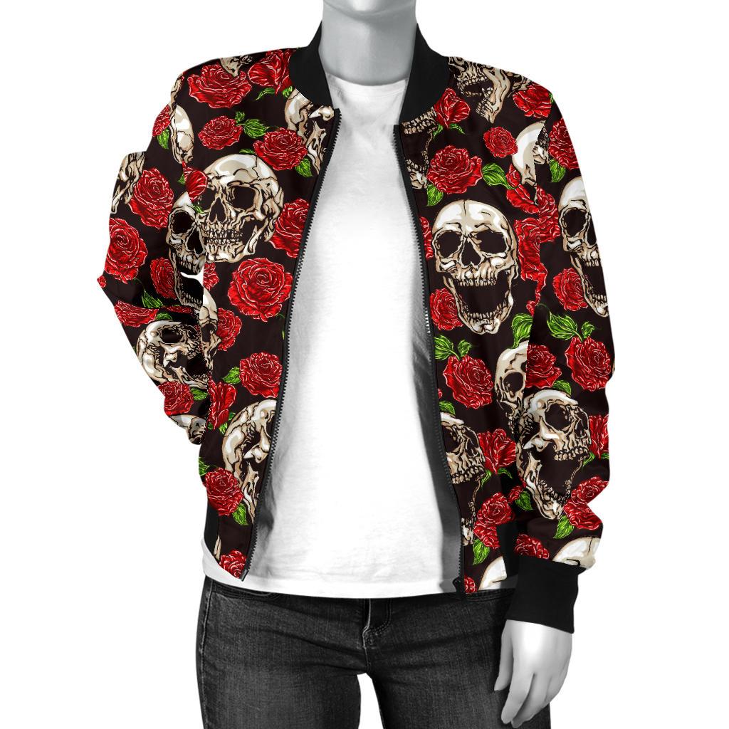 Skull Roses Design Themed Print Women Casual Bomber Jacket