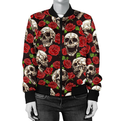 Skull Roses Design Themed Print Women Casual Bomber Jacket