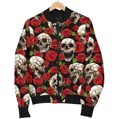 Skull Roses Design Themed Print Women Casual Bomber Jacket