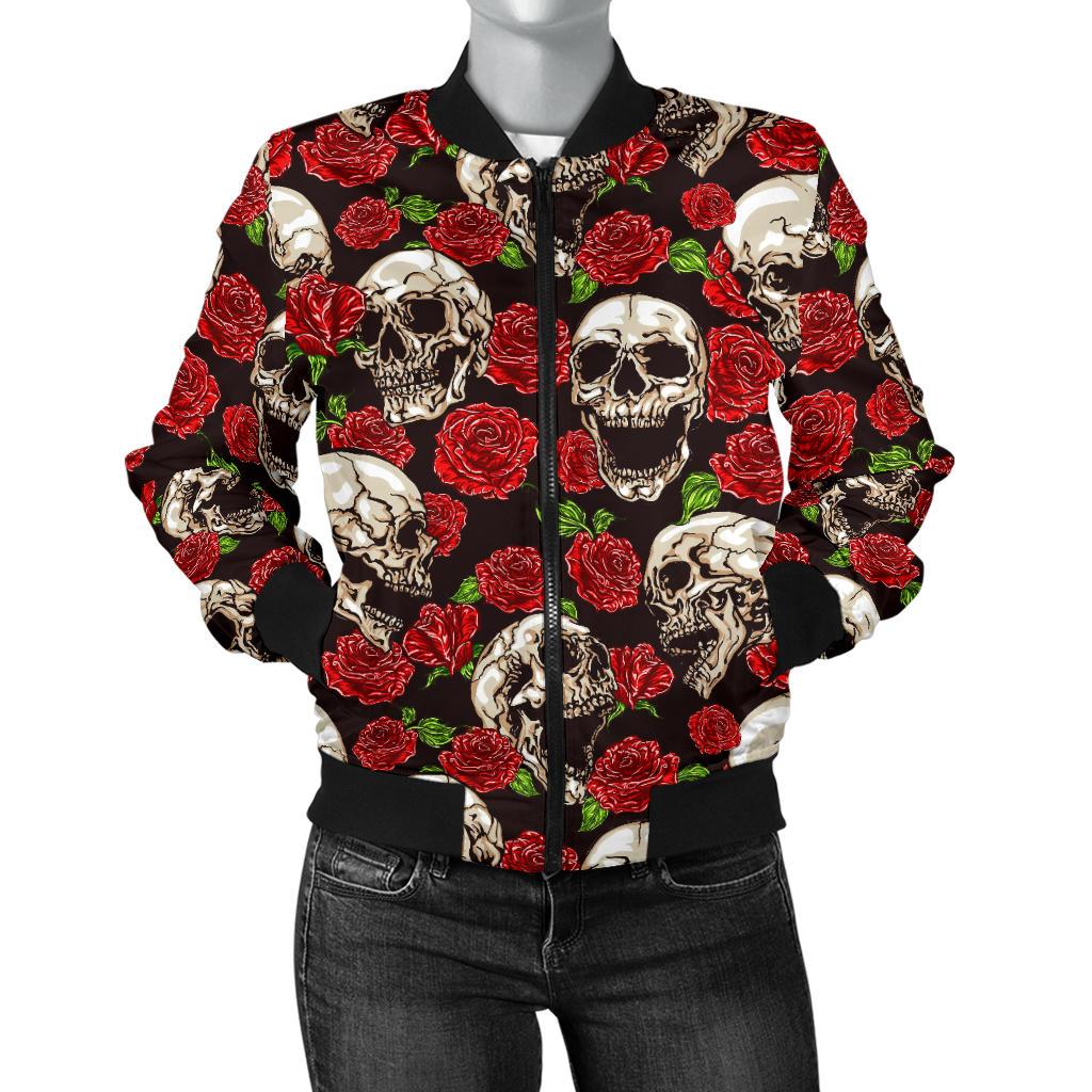 Skull Roses Design Themed Print Women Casual Bomber Jacket
