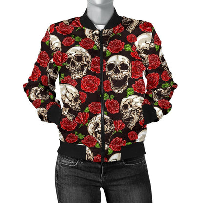 Skull Roses Design Themed Print Women Casual Bomber Jacket