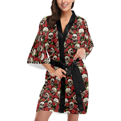 Skull Roses Design Themed Print Women Short Kimono Robe