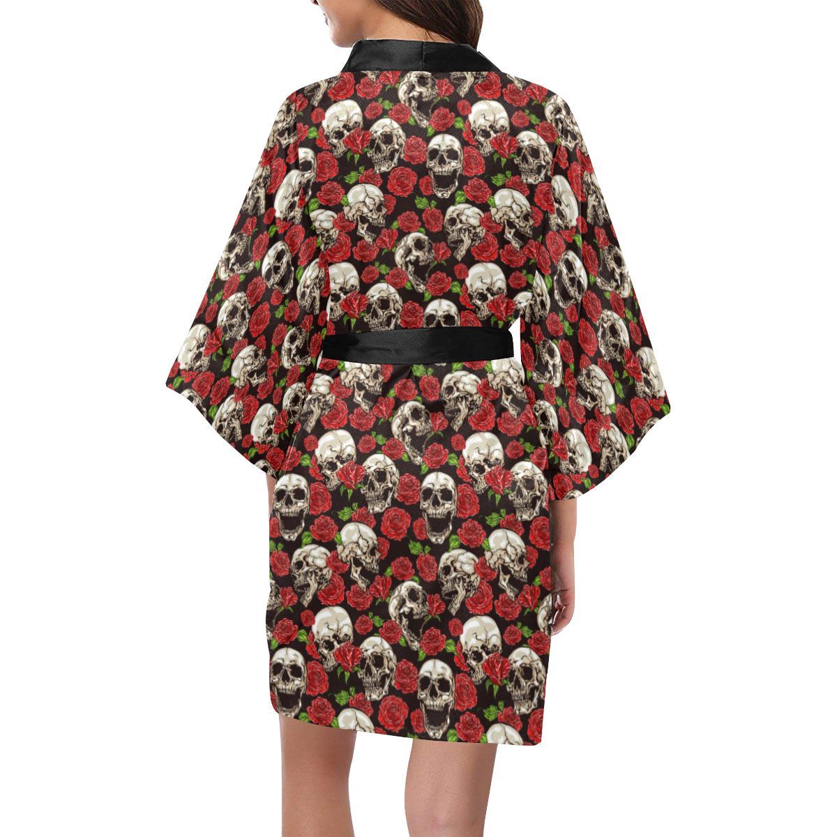 Skull Roses Design Themed Print Women Short Kimono Robe