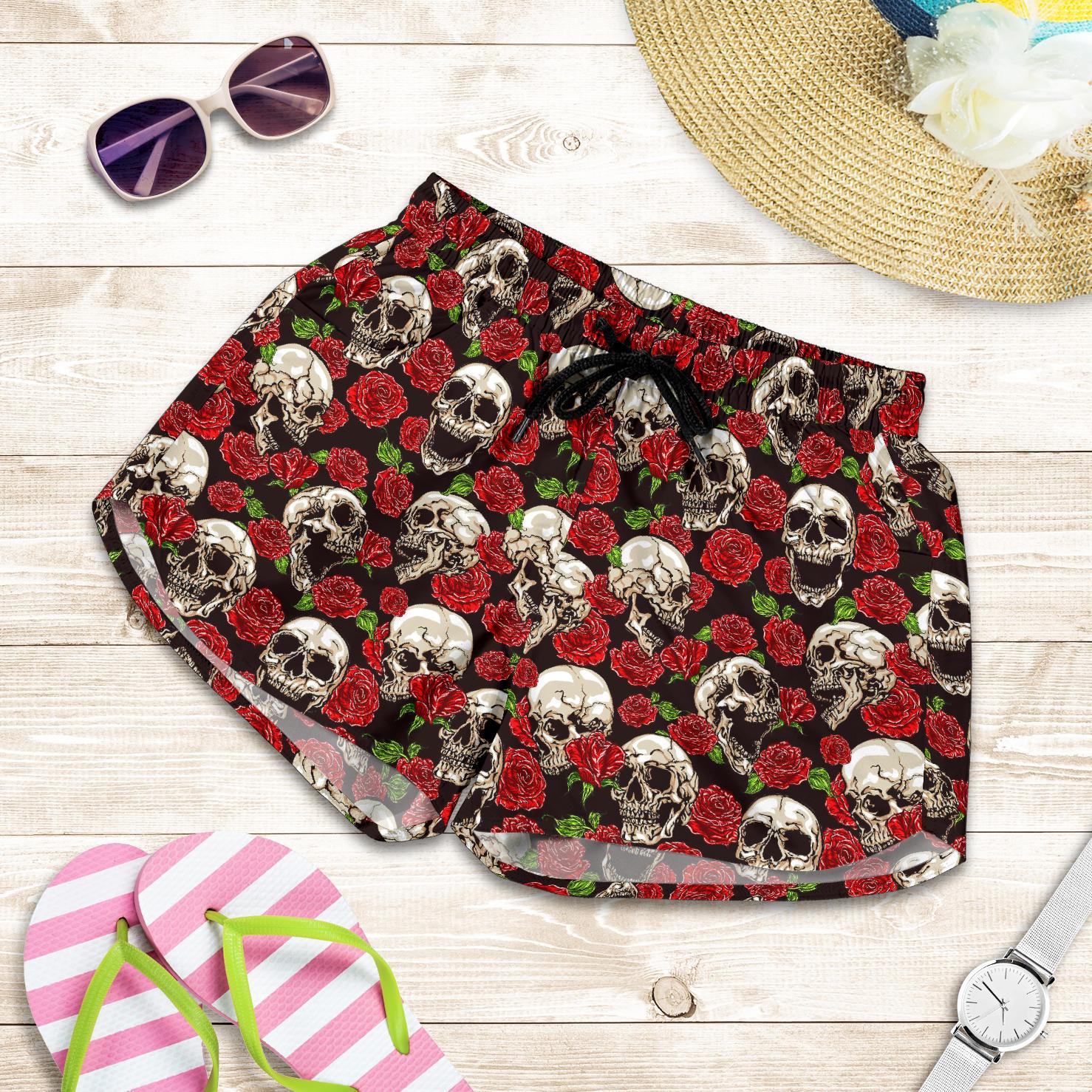 Skull Roses Design Themed Print Women Shorts-JTAMIGO.COM
