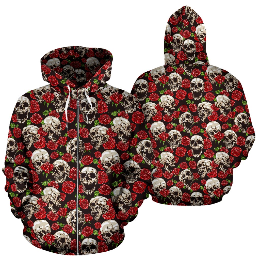 Skull Roses Design Themed Print Zip Up Hoodie
