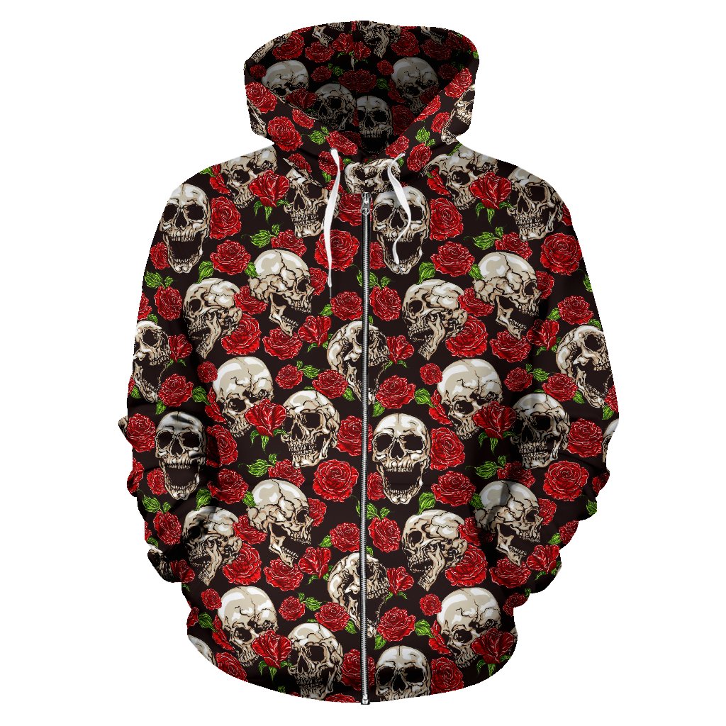 Skull Roses Design Themed Print Zip Up Hoodie