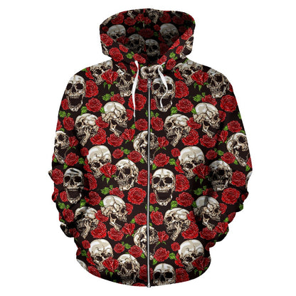 Skull Roses Design Themed Print Zip Up Hoodie