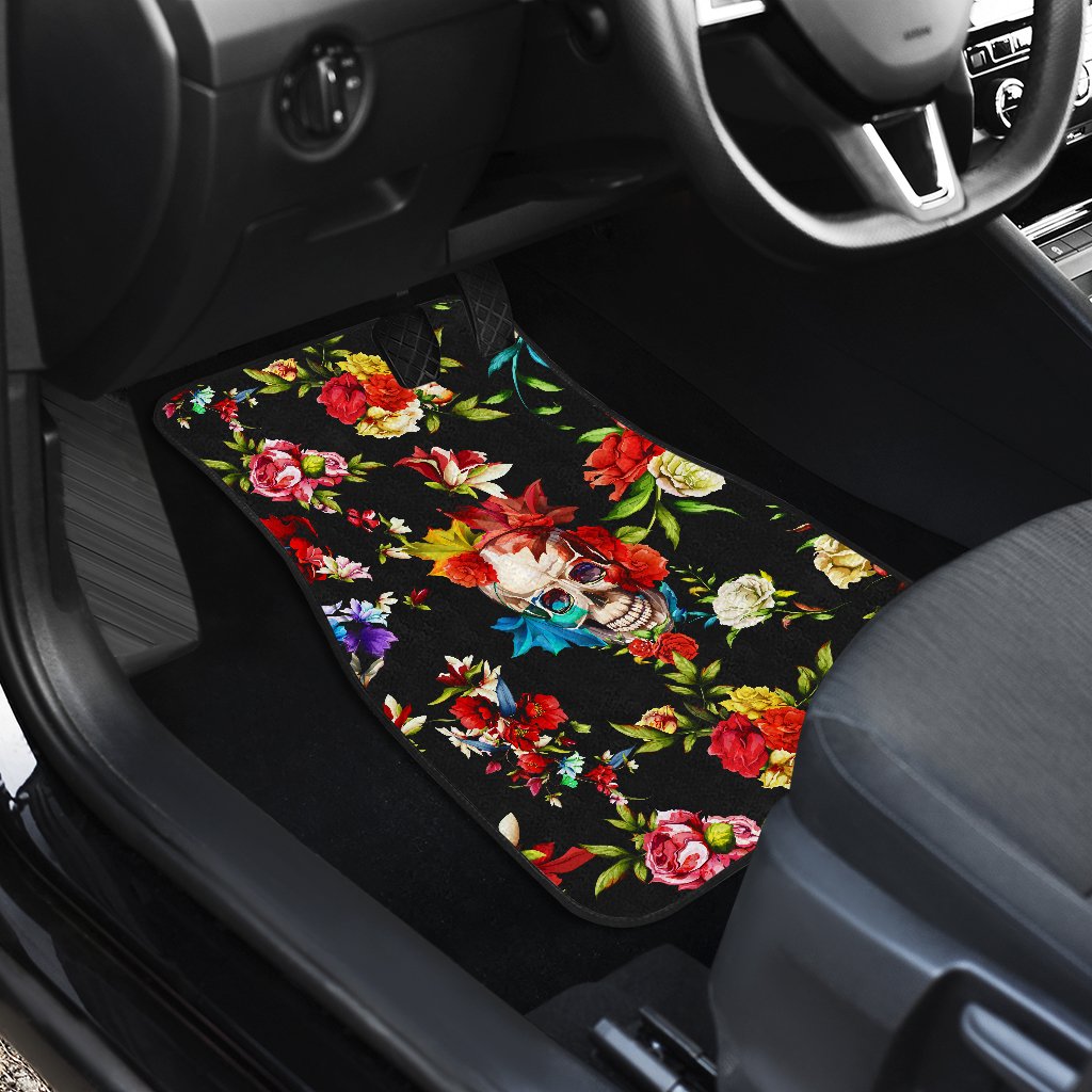 Skull Roses Flower Design Themed Print Car Floor Mats