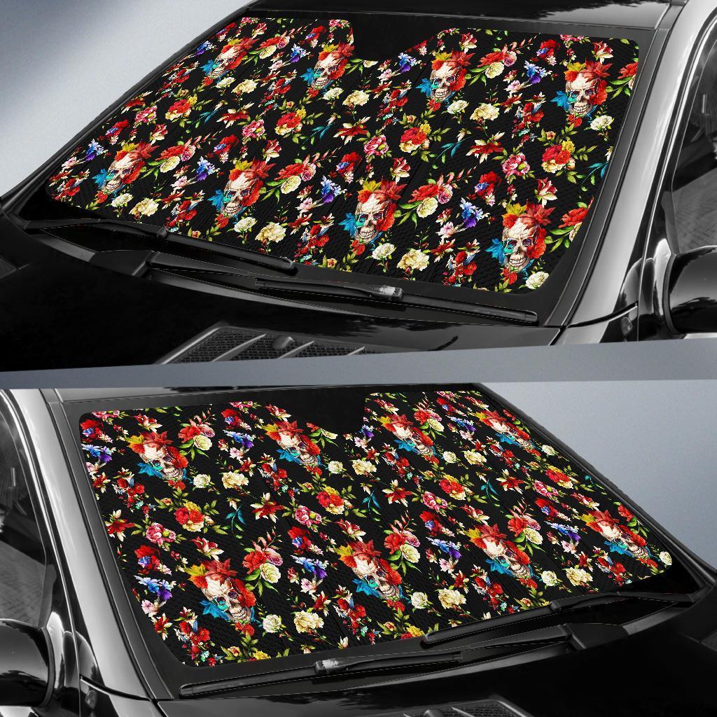 Skull Roses Flower Design Themed Print Car Sun Shade For Windshield