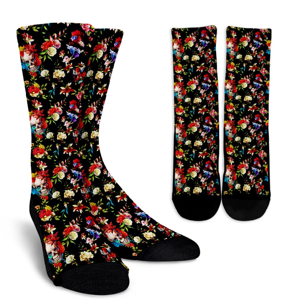 Skull Roses Flower Design Themed Print Crew Socks