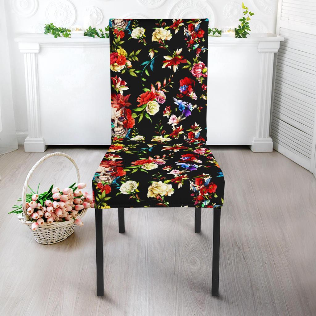 Skull Roses Flower Design Themed Print Dining Chair Slipcover-JTAMIGO.COM