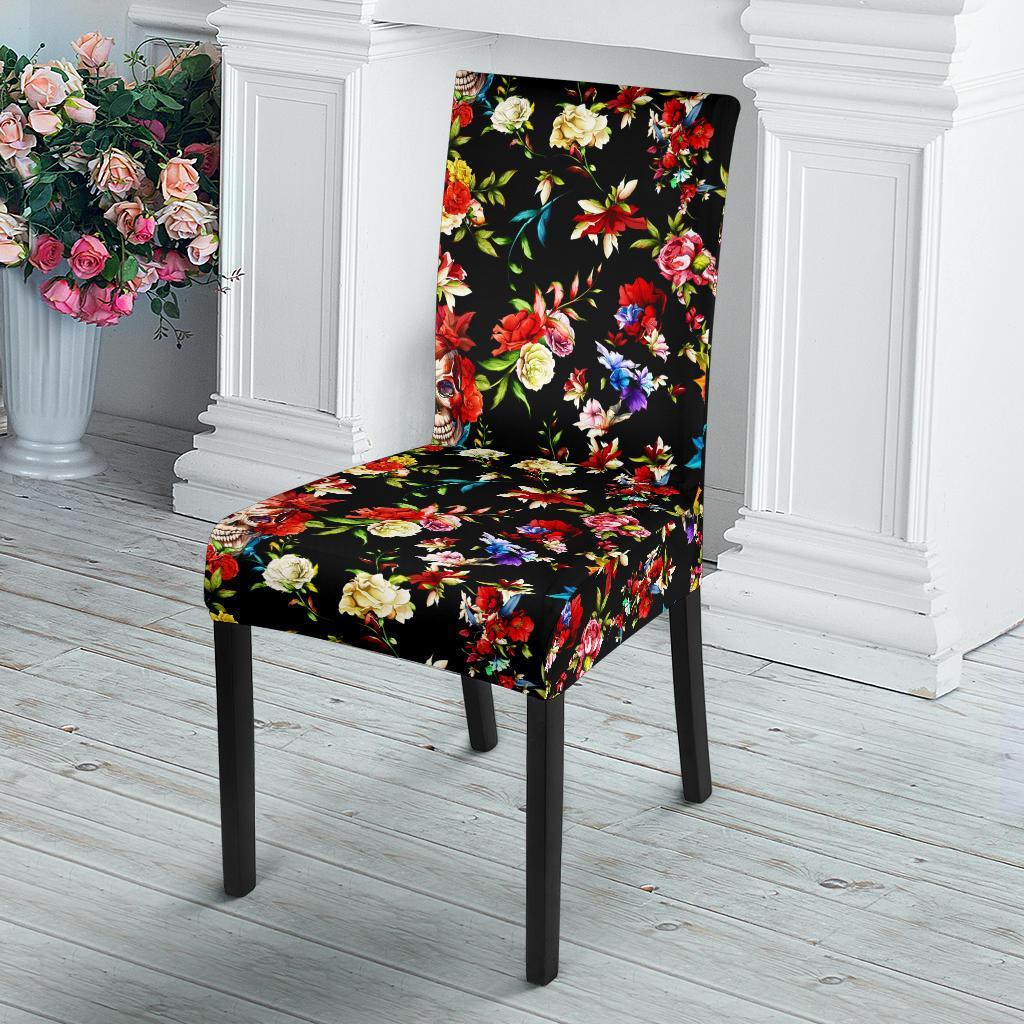 Skull Roses Flower Design Themed Print Dining Chair Slipcover-JTAMIGO.COM