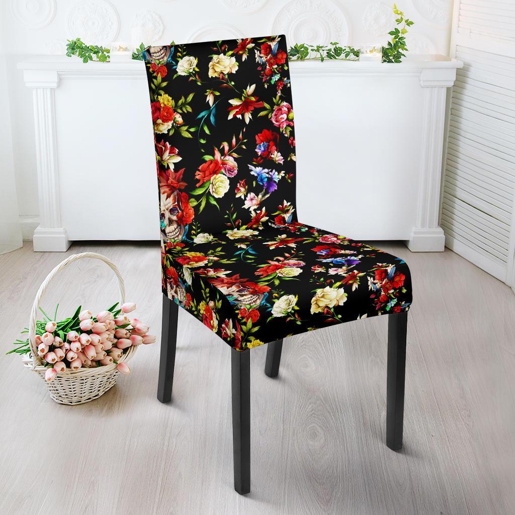 Skull Roses Flower Design Themed Print Dining Chair Slipcover-JTAMIGO.COM