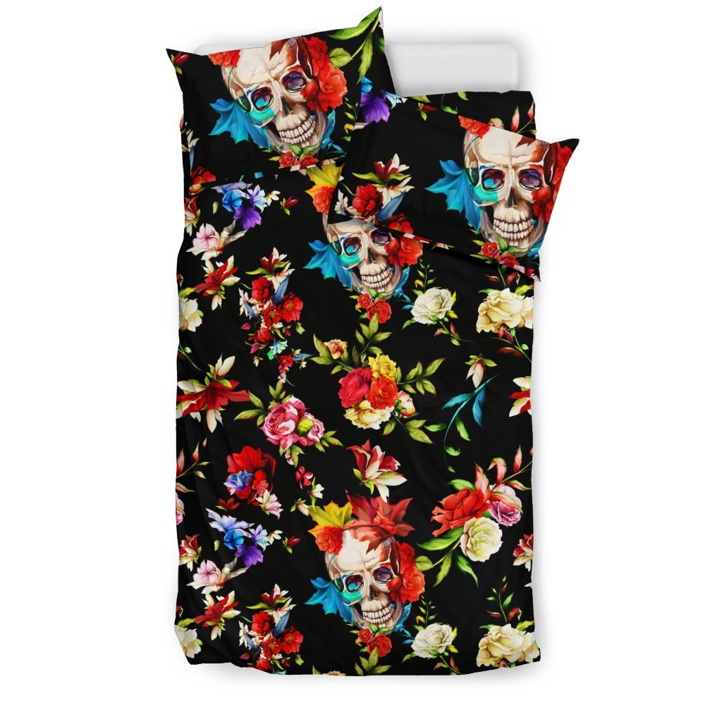 Skull Roses Flower Design Themed Print Duvet Cover Bedding Set