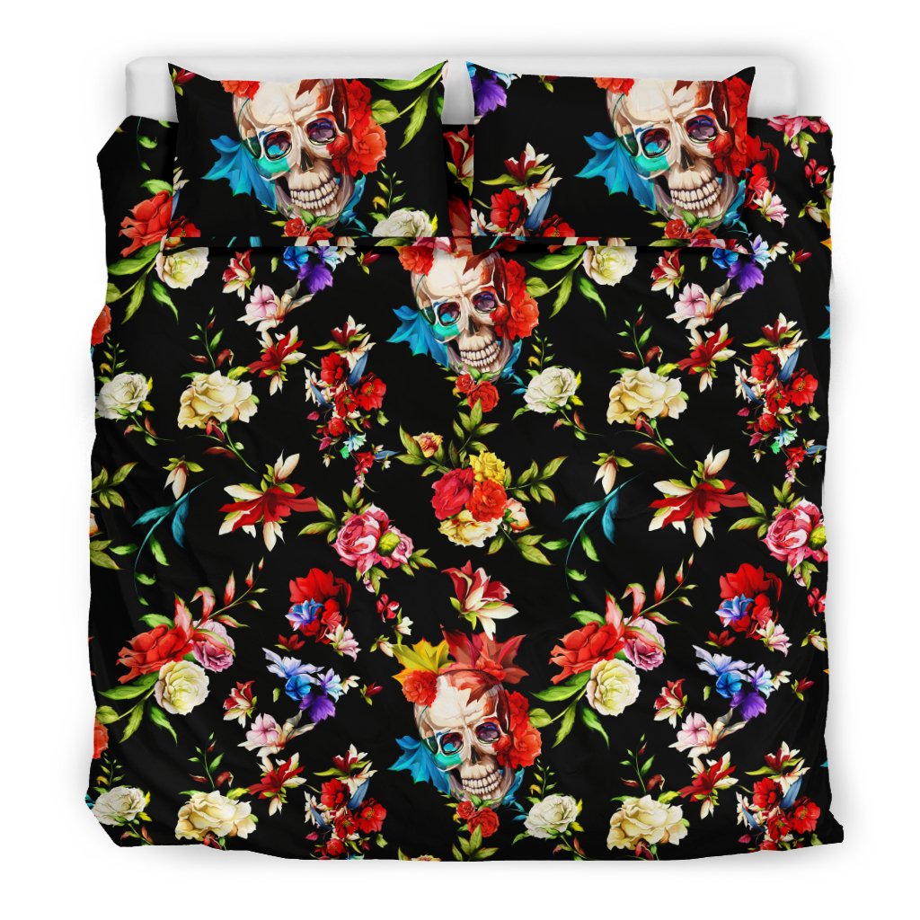 Skull Roses Flower Design Themed Print Duvet Cover Bedding Set