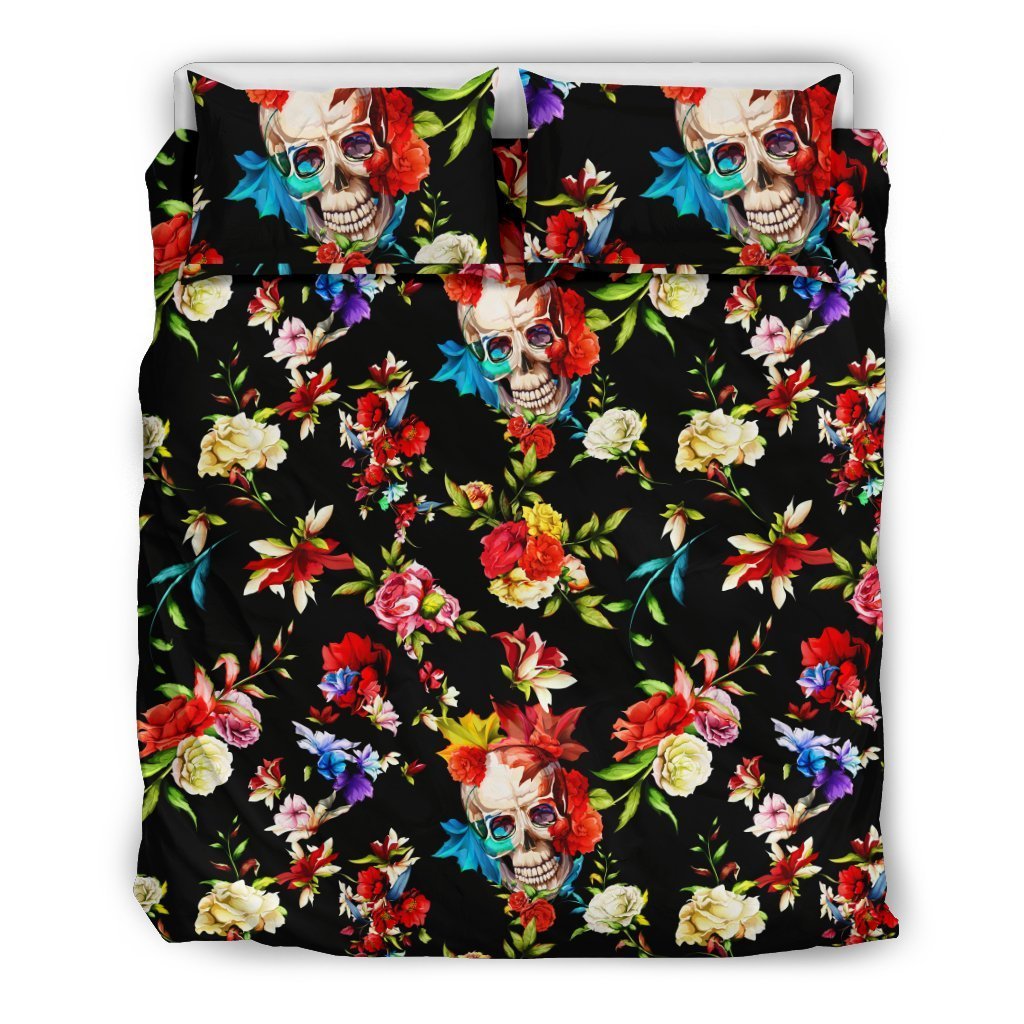 Skull Roses Flower Design Themed Print Duvet Cover Bedding Set